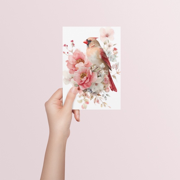 Watercolor Female Cardinal Bird with Flowers Wall Art Print Unframed - Picture 5 of 7